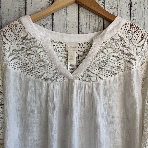 Chicos Lace Detail Popover Tunic Blouse Top Cream Bell Sleeves Feminine Size M - Picture 2 of 12